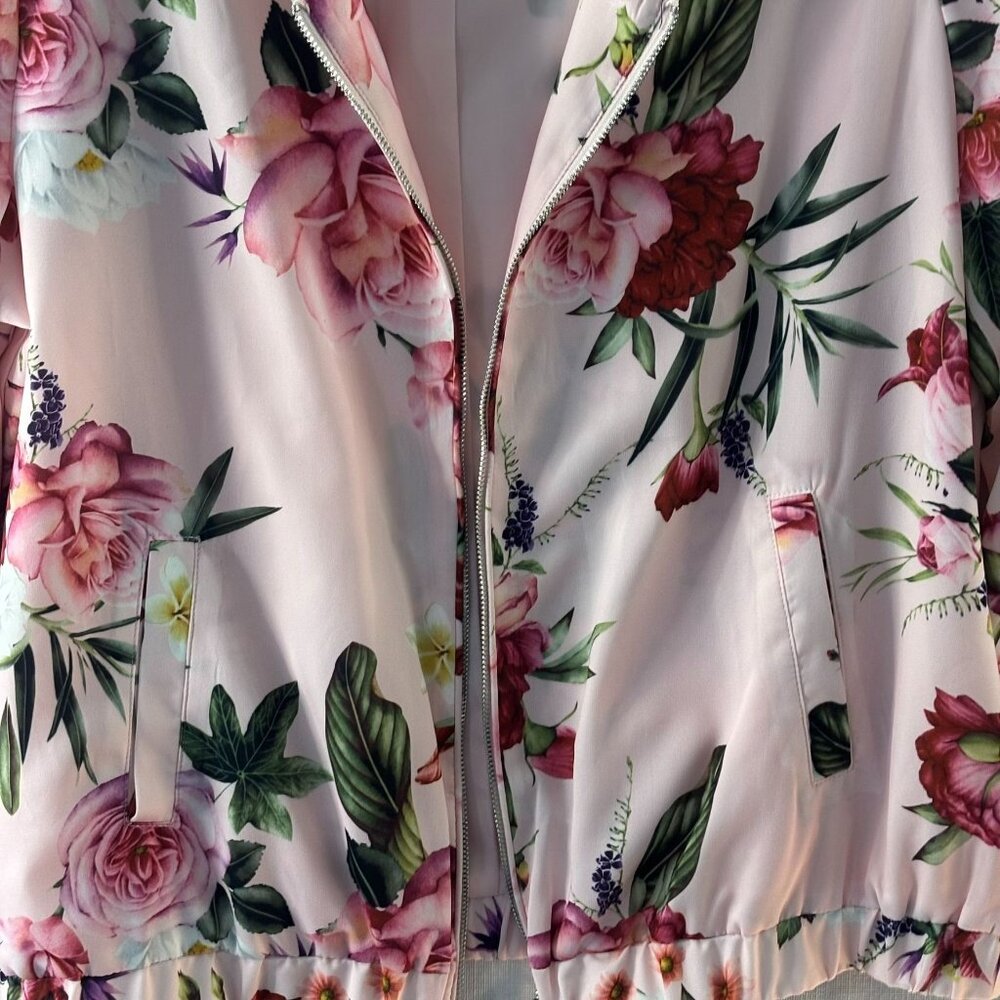 Charlie B Floral Bomber Jacket Pink With Zipper Front & Elastic Hem Lightweight - Picture 2 of 16